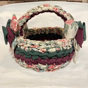 Floral Braided Rag Basket with Handle and Bows, burgundy, green, florals